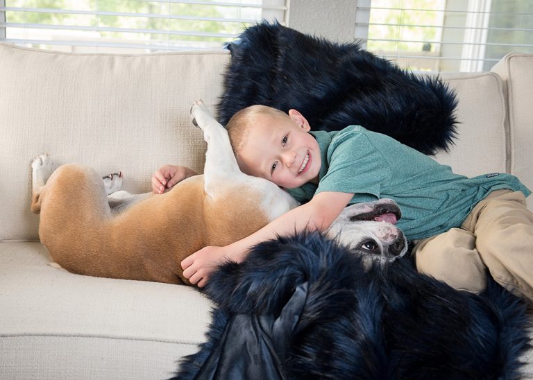 Child with English bulldog Dog