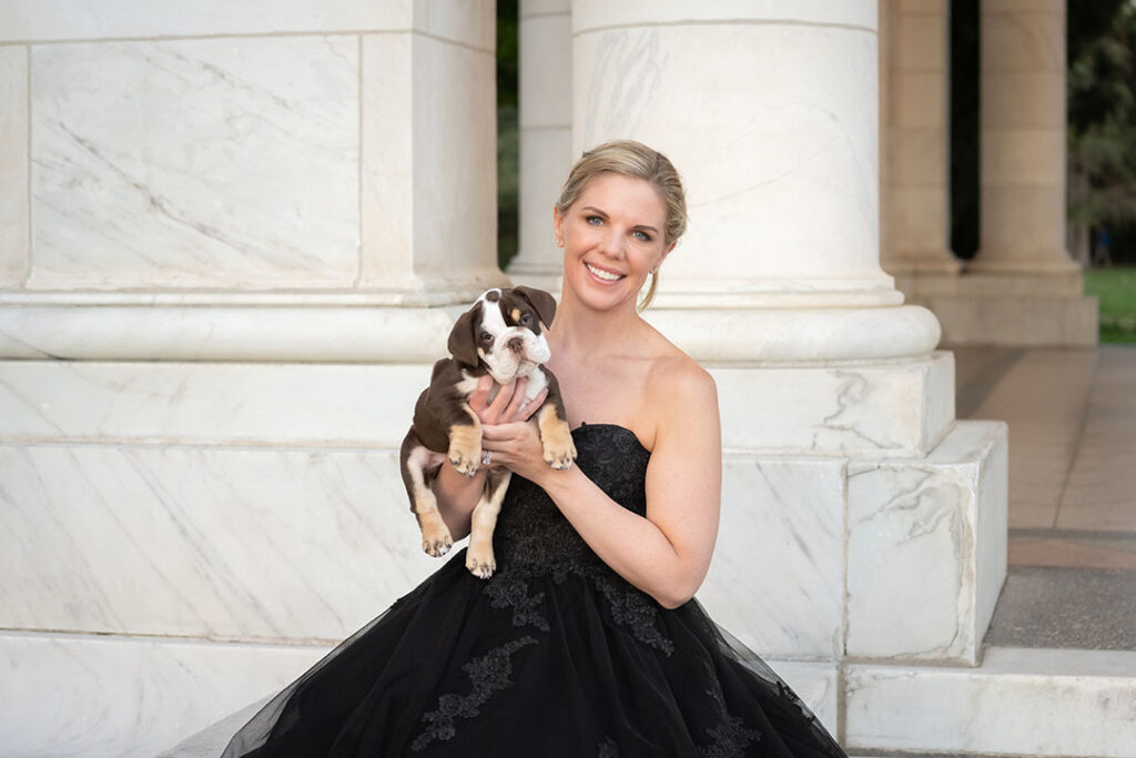 English bulldog puppy and woman