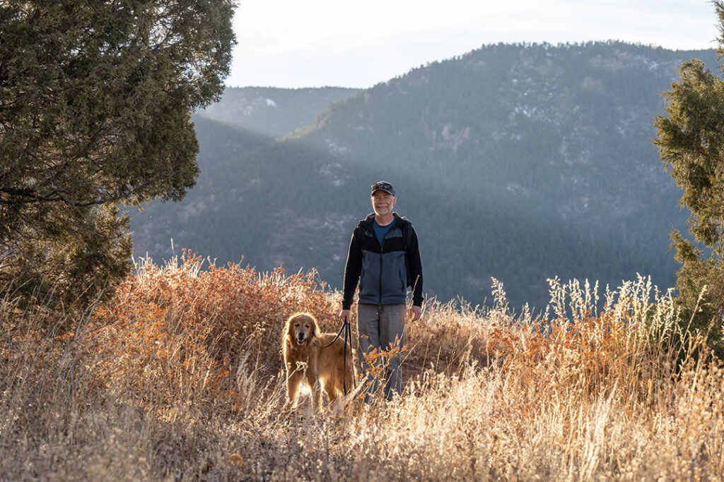 Golden retriever on winter hike at Sandstone Ranch in Larkspur, Colorado