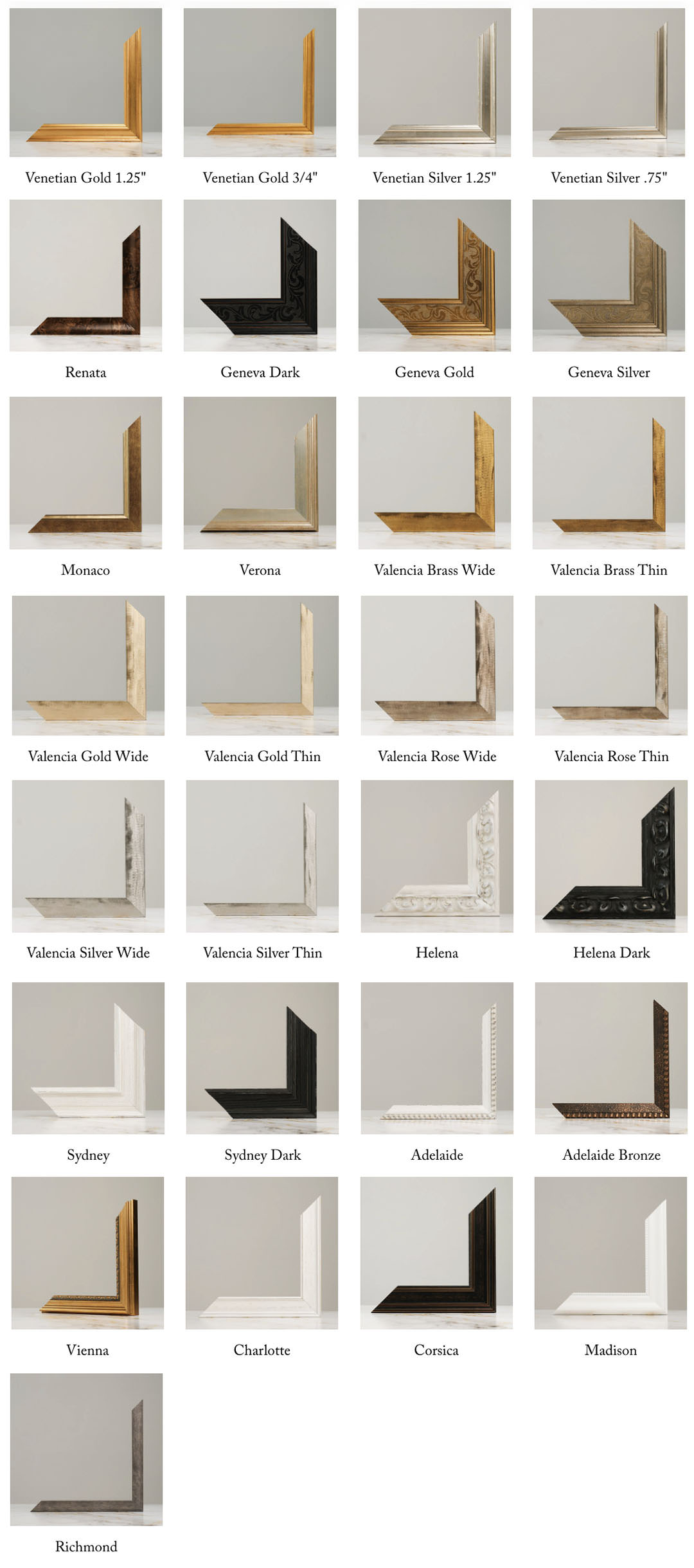 Contemporary Frame Corner samples for framed canvas and framed prints