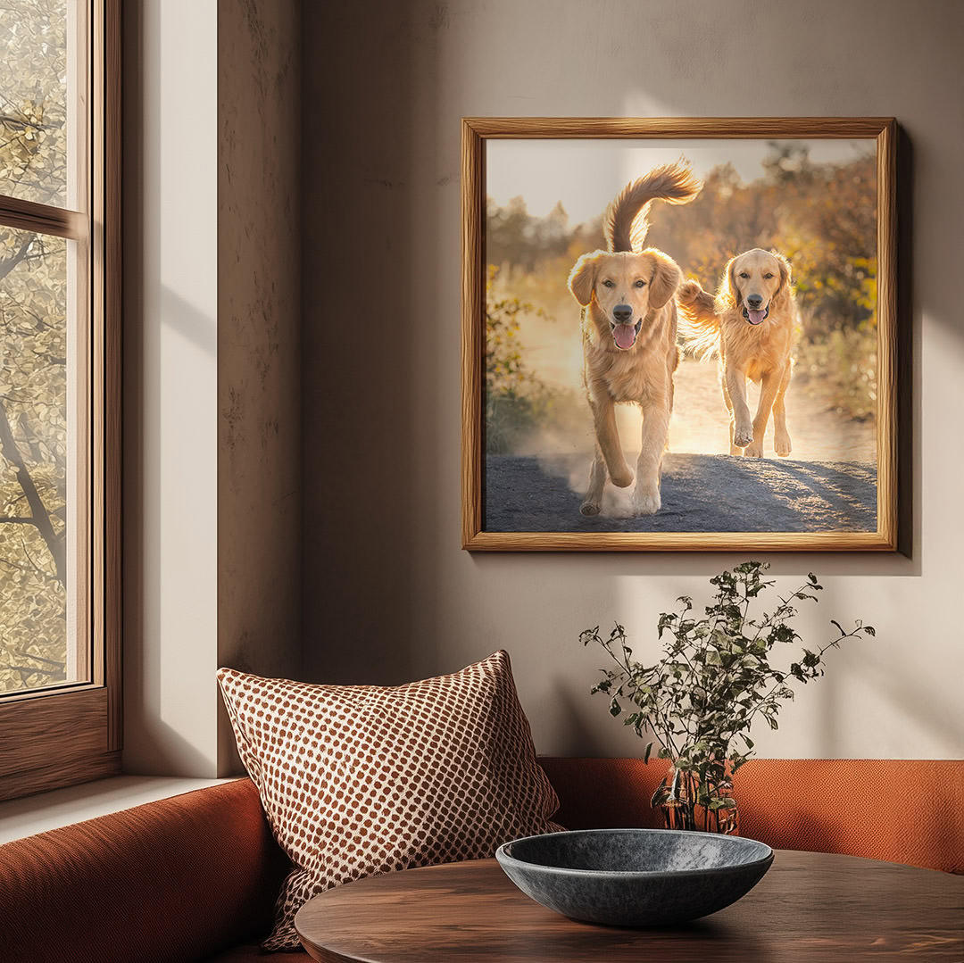 Framed photo of two golden retrievers running on dusty mountain trail. Frame is hanging in kitchen dining nook with pillow, flowers and bowl