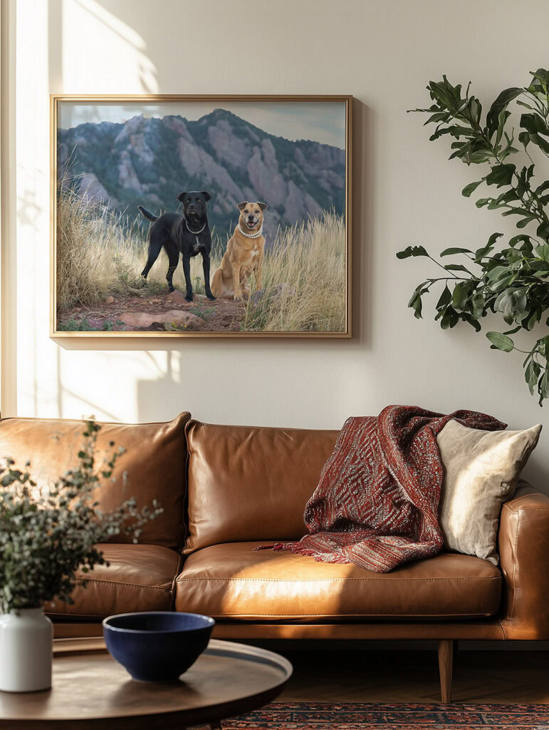 Two dogs on a dirt trail with the Flatirons in the background, framed photo displayed above a leather sofa in a living room.