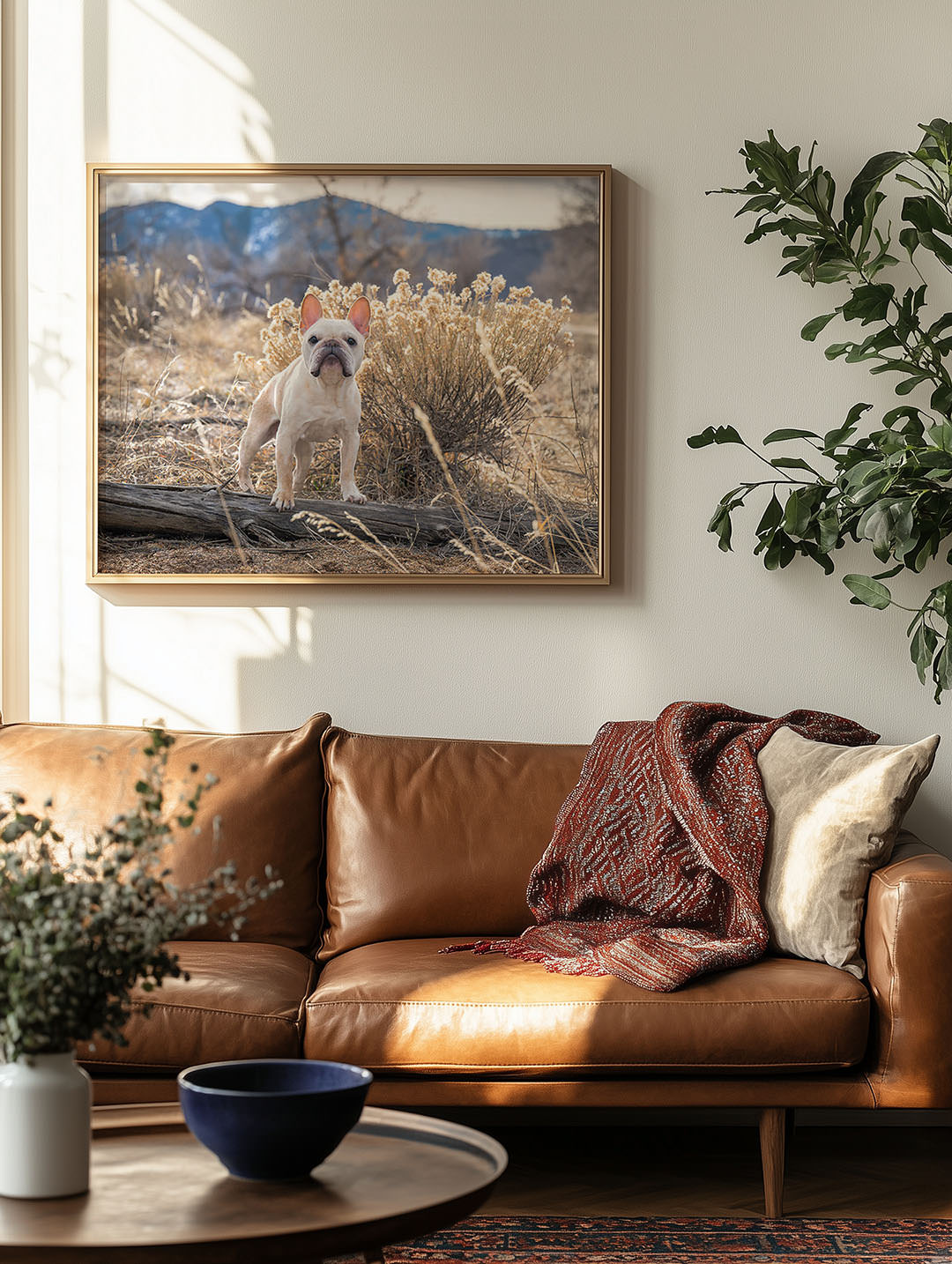 A framed photo of a fawn colored French Bulldog against winter mountain scenery with rabbitbrush and log