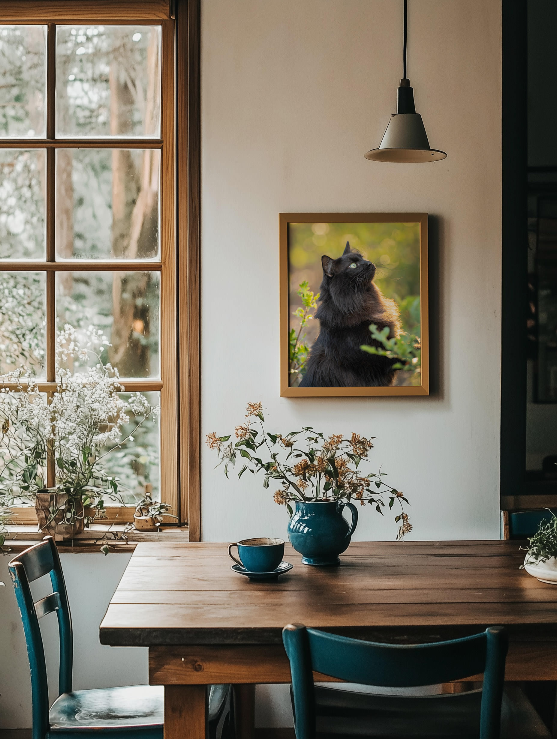 Beautiful dining nook with framed photo of a black cat