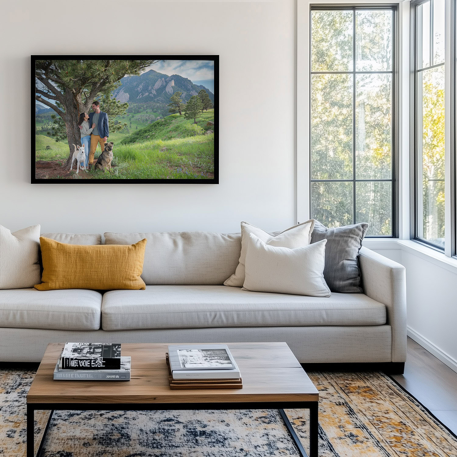 Framed-photo-dogs-couple Framed photo of couple and two dogs under tree in mountains