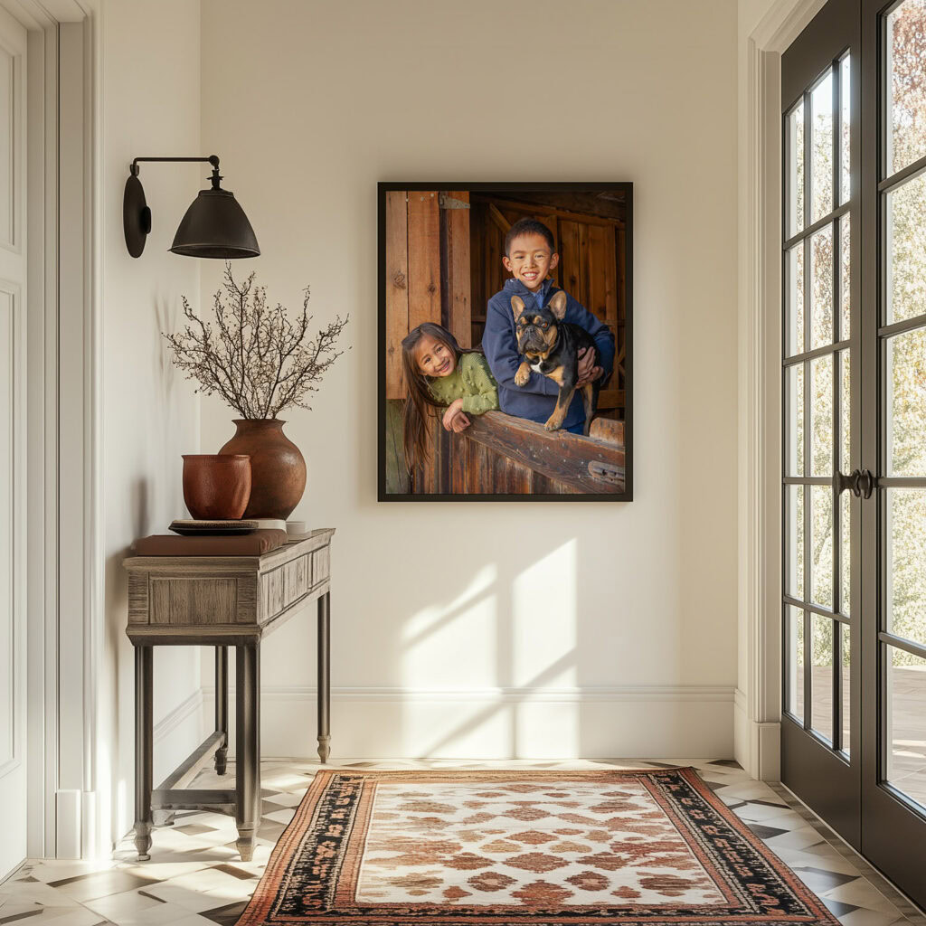 Framed photo of children with their Frenchie dog